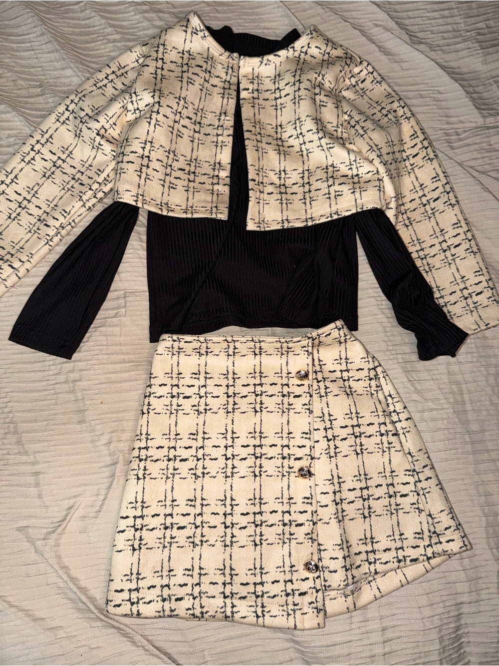 Cream & Black Tweed Kids Skirt Set with Black Top